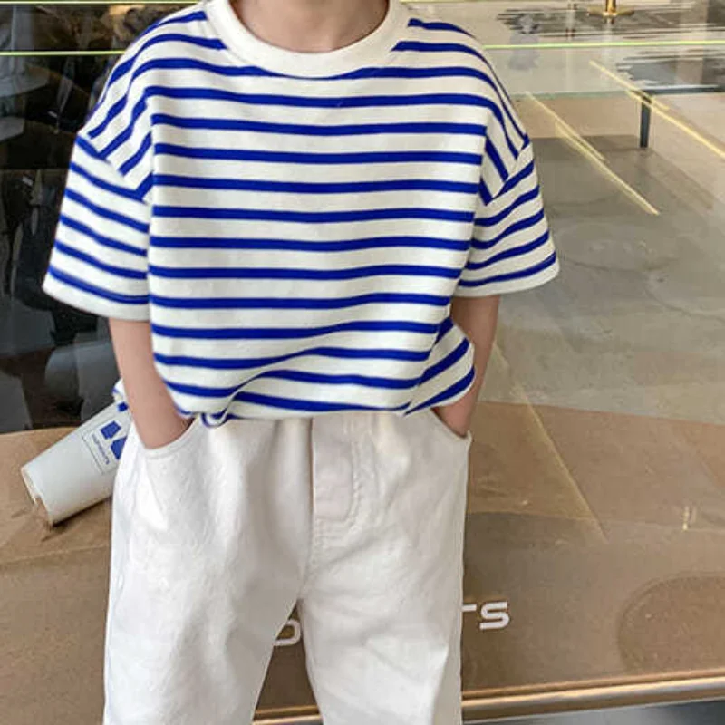 2023 Children Summer Refreshing Fashion Casual Striped Printed Round Neck Short Sleeve Trend All-match Loose Cotton Boys T-shirt