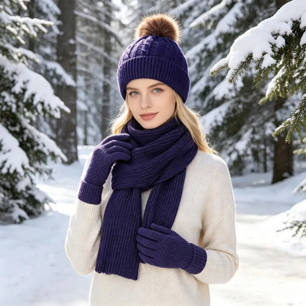 Winter Hat Scarf Gloves Set Fabric Knitted Pom Pom Hat Warm Scarf Thermal Gloves Cozy Knit Accessories for Cold Weather
