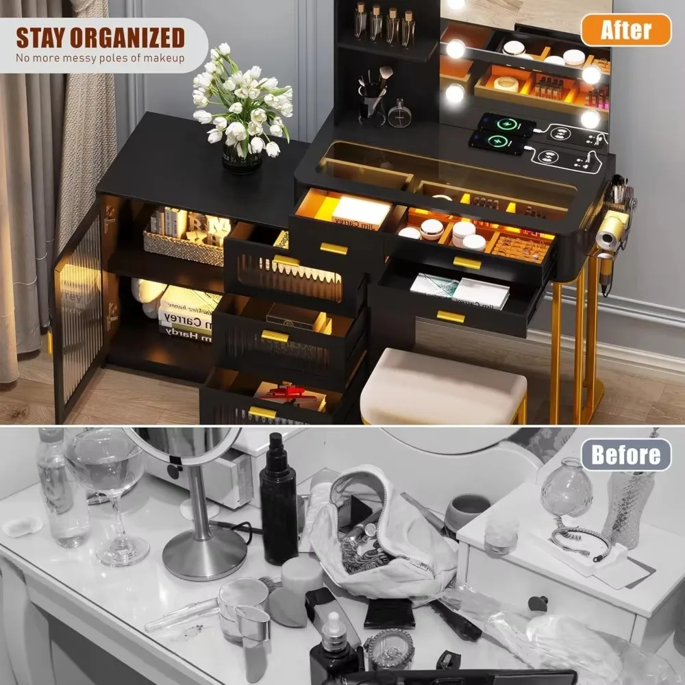 Dressing table with mirror light and 6 drawers, dressing table with 3 colors to adjust the brightness of the lighting