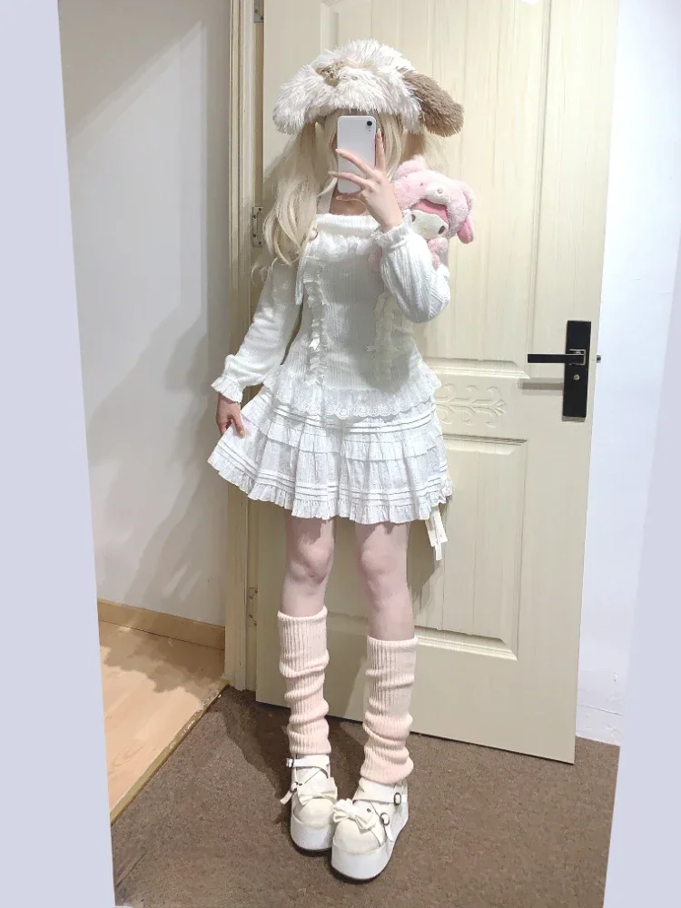 Lolita Slash Neck Halter Sweater Women 2025 Kawaii Lace Patchwork Y2k Aesthetic Grunge Bottoming Crop Tops Pullover Knitwear