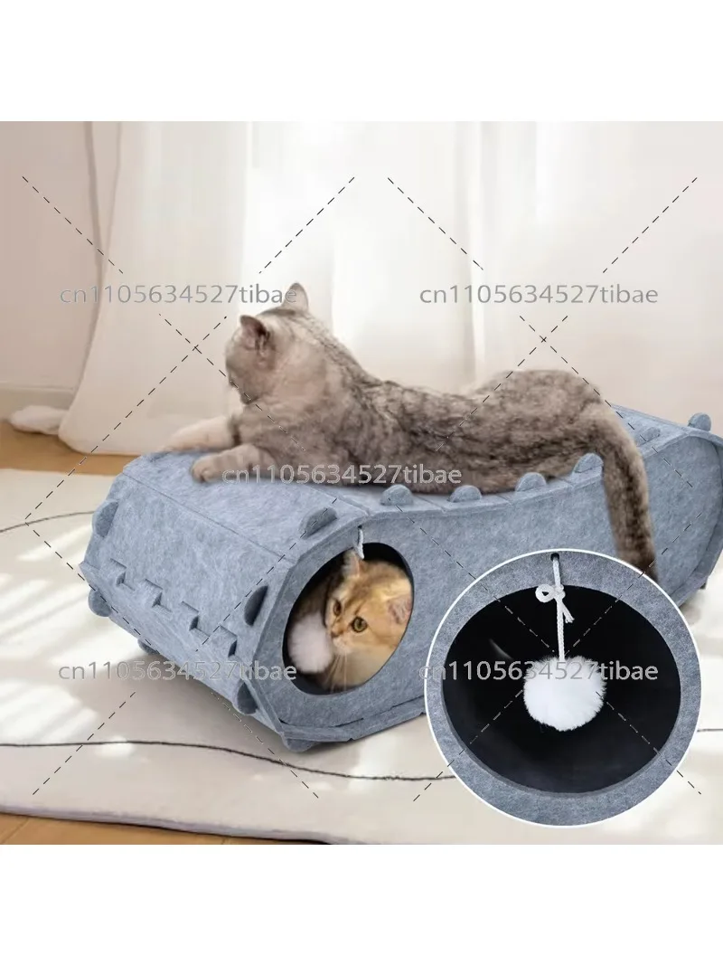 Indoor Cat Bed Cave with Toy Ball, Enclosed Felt House, Scratch-Resistant Lounge Hideaway, Detachable Design