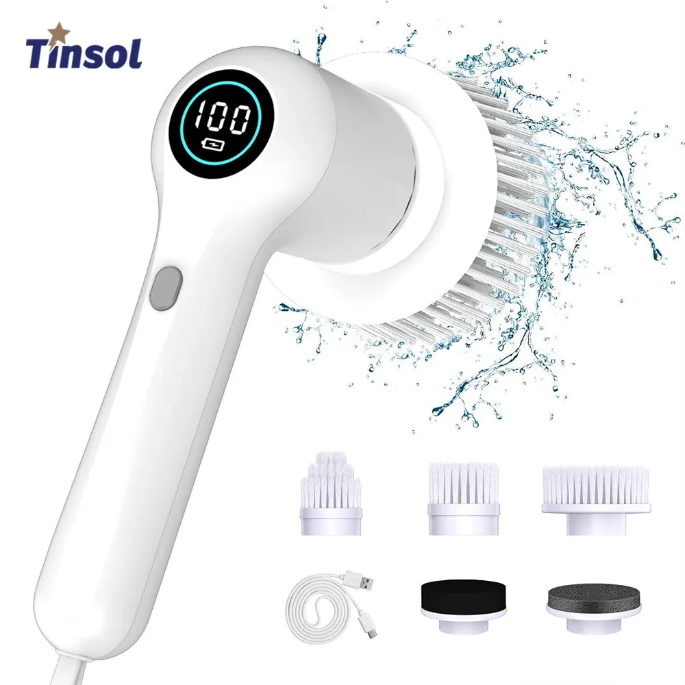 TINSOL فرشاة تنظيف كهربائية جديدة متعددة الوظائف 5 رؤوس فرشاة فرشاة تنظيف محمولة فرشاة تنظيف أحذية المطبخ والحمام