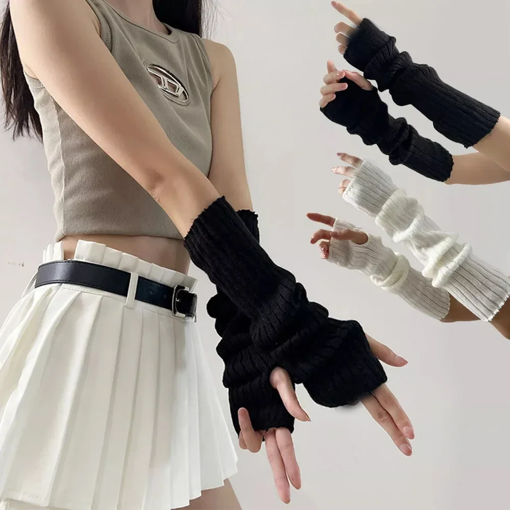 Women Knitted Arm Warmer Long Fingerless Gloves Mitten Winter Y2K Solid Arm Sleeve Fashion Casual Soft Girls Clothes Punk Gloves