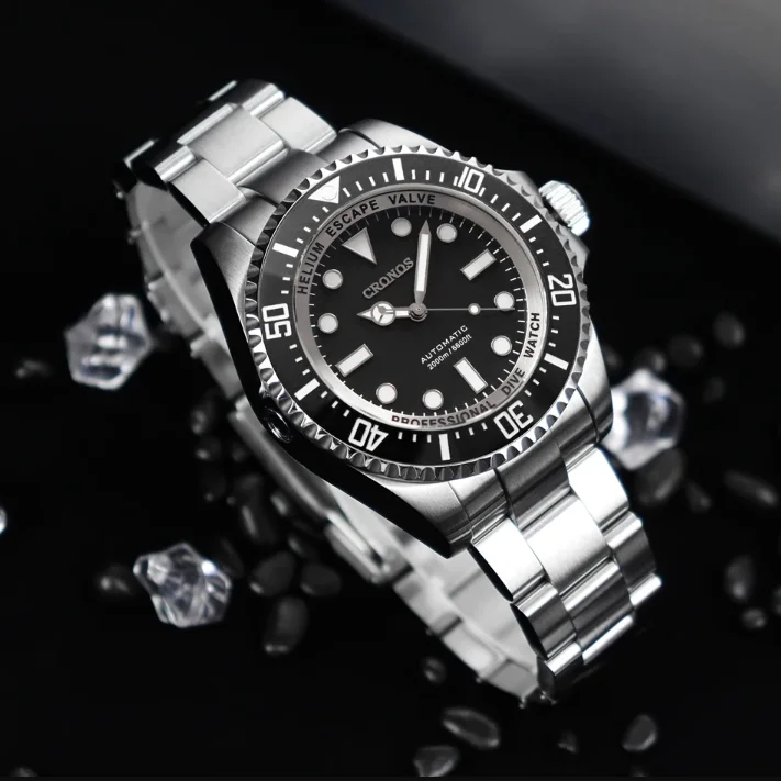 CRONOS Men Automatic Watch 44mm Mechanical Wristwatch Sapphire Diver 200ATM Waterproof BGW-9 Luminous PT5000 Ceramic Bezel