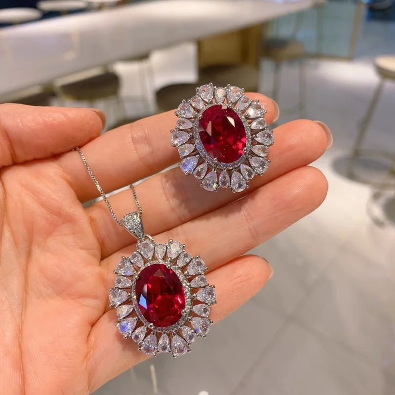 

New European and American style vintage ruby inlaid diamond fashion pendant necklace and ring jewelry set for women