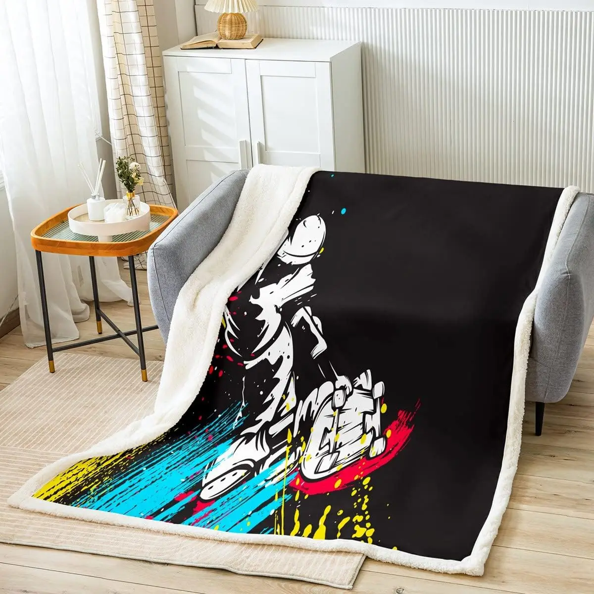 Skateboard Sherpa Blanket Kids Extreme Sports Theme Fleece Throw Blanket Hippie Skate Board Plush Blanket for Bed Sofa