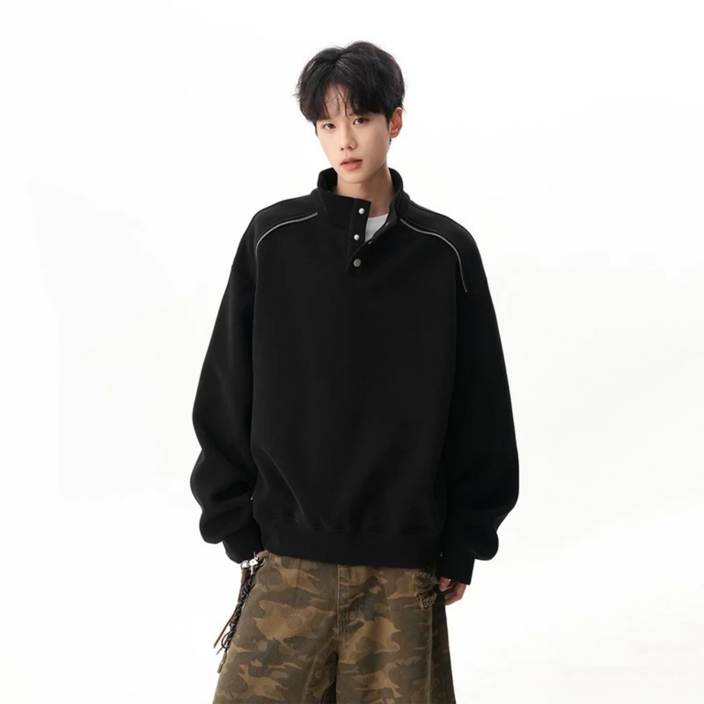 American Style Casual Splice Stand Collar Sweatshirt Loose Sporty Overhead Shirt for Autumn Season Button Design Sensation Un...