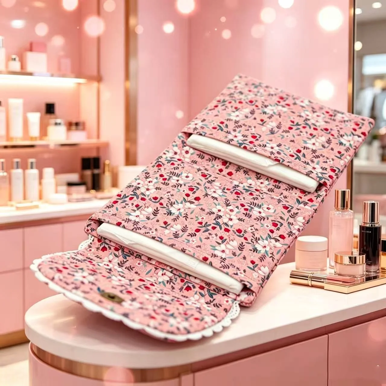 Portable Floral Fabric Three Fold Sanitary Napkin Storage Bag Panty Liner Women's Toiletry Case Mini Makeup Bag