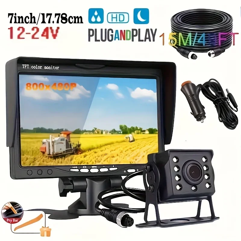7-Inch Wired Heavy Duty CCD 8 LED Rear View Camera with 4PIN 15m Cable Reversing Backup Functionality for Motorhome, Caravan