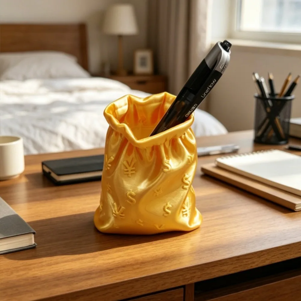 Lucky Money Bag Pen Holder 3D Printed Pencil Rack Embossed Currency Symbol Kawaii Brush Pot Cute Desk Stationery Organizer Decor