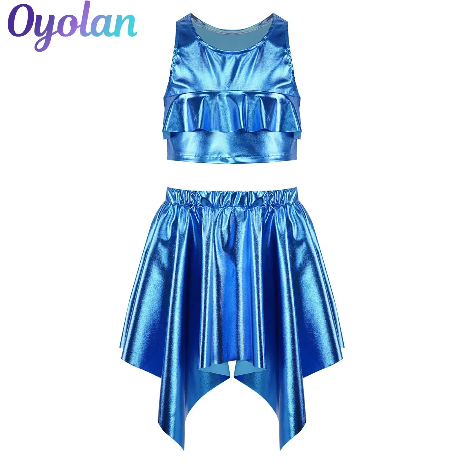 

Kids Girls Metallic Hip Hop Jazz Dance Outfit Ruffle Crop Top Irregular Skirt Set 2Pcs Cheerleading Stage Performance Costume