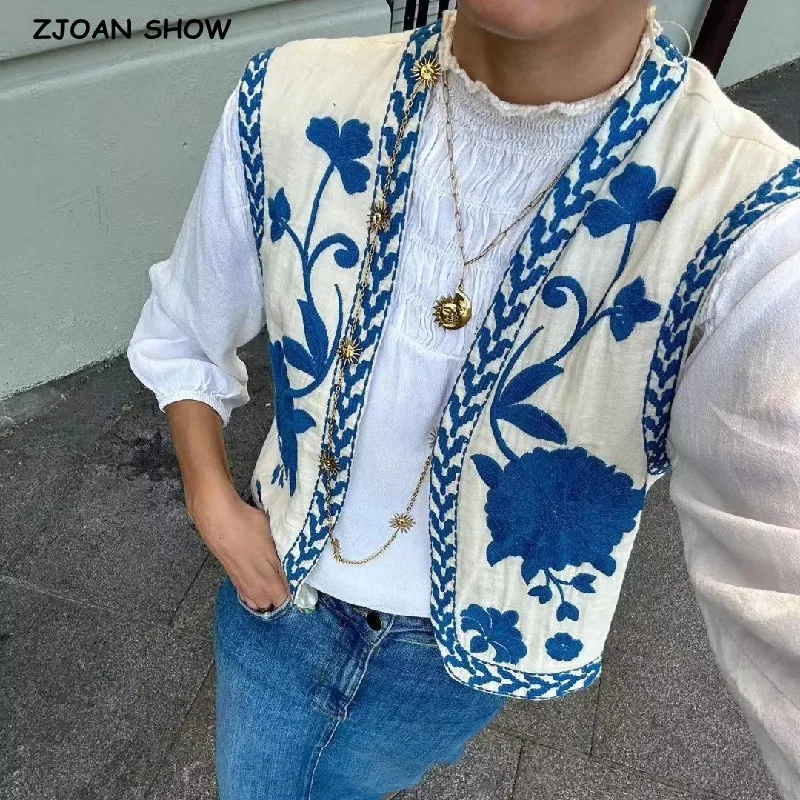 Women Ethnic Embroidery Flower Open Stitching WaistCoat Ladies National Style Vest Jacket Outfits Casual Vacation Crop Top