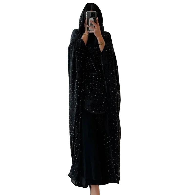 หรูหราสีดํา Abaya ออกแบบใหม่ 2025 หินทํางาน 2 ชิ้น Abaya ชุด Glitter เพชรผ้าสําหรับผู้หญิงมุสลิมพร้อมผ้าพันคอ
