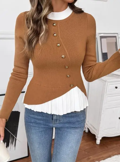 Women's Sweater 2025 Spring Autumn New Solid Color Casual Fashion Button Decor Round Neck Long Sleeve Casual Slim Fit Sweater