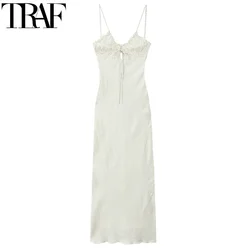 TRAF Bow Sleeveless Slip Dress Polka Dot Long Dress Women Summer Ruffle Backless Sexy Dress Cut Out Satin Beach Holiday Dresses