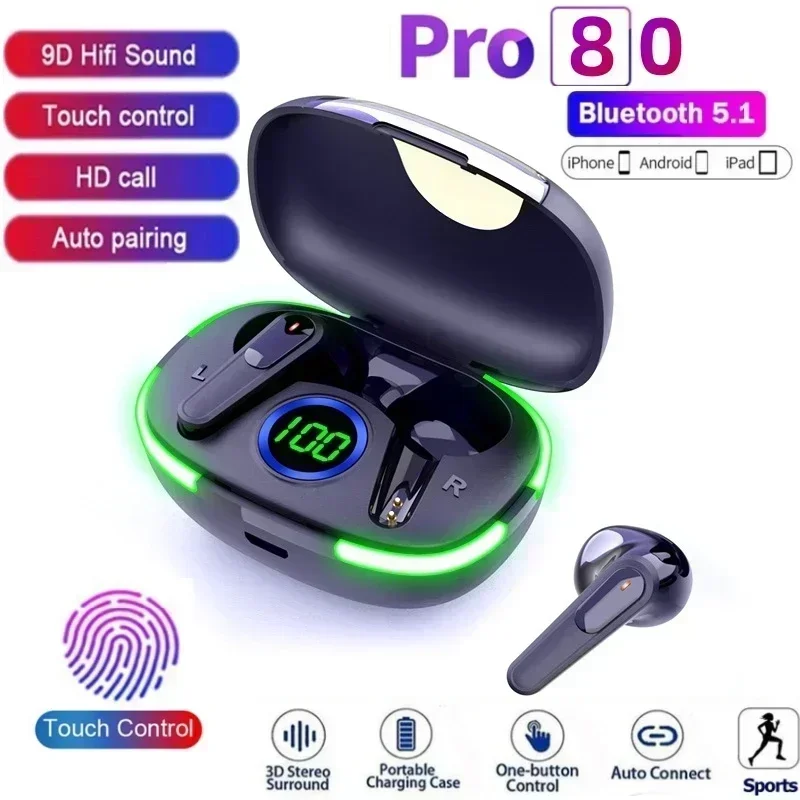 Pro80 TWS Fone Bluetooth 5.3 Earphones Wireless Earbuds HiFi Sound Headset LED Display Wireless Headphones with Mic for Phone