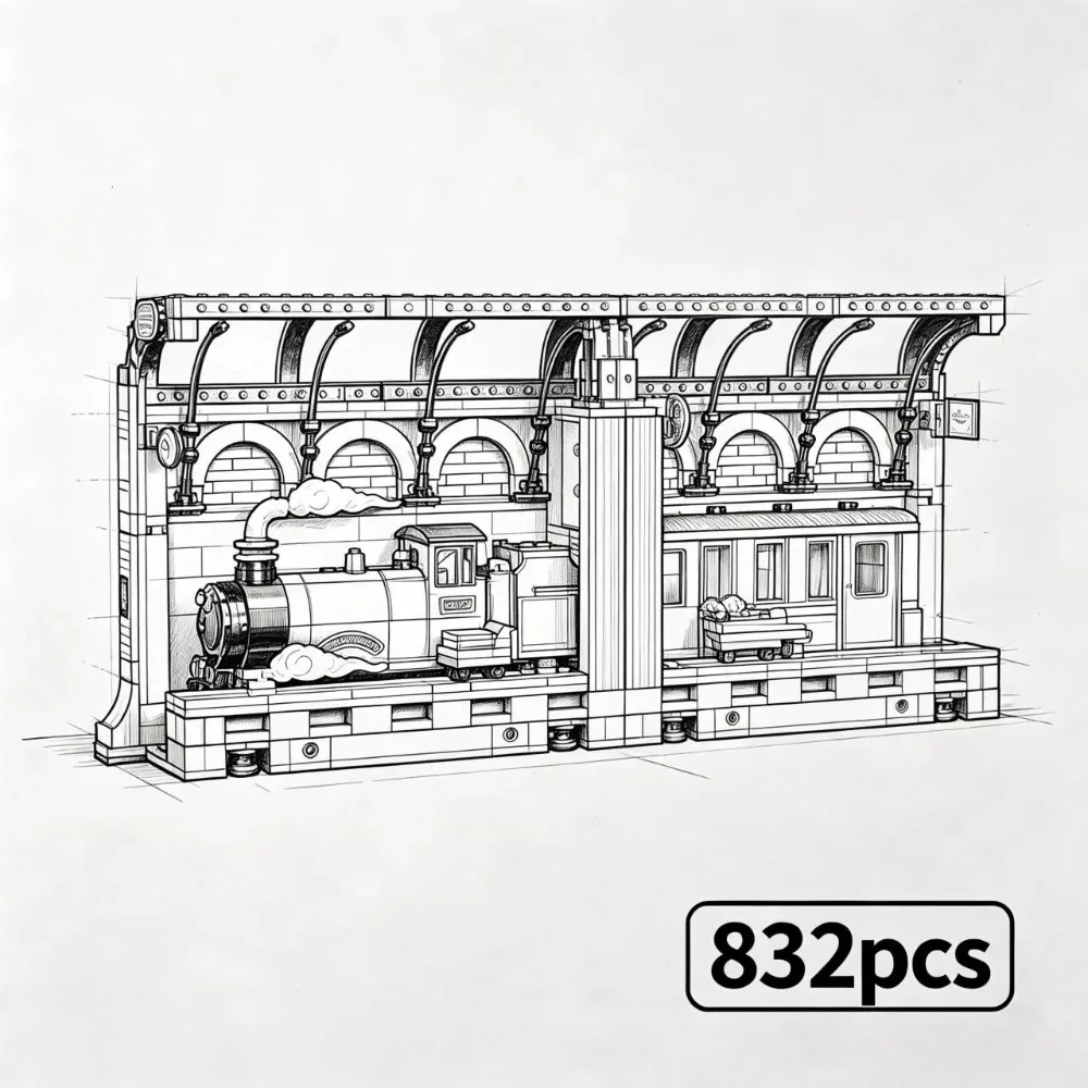 Vintage Steam Station Bookend Blocks 832pcs, DIY Bookshelf Display Model, Desktop Ornament Toy Gift for Adult Collectors