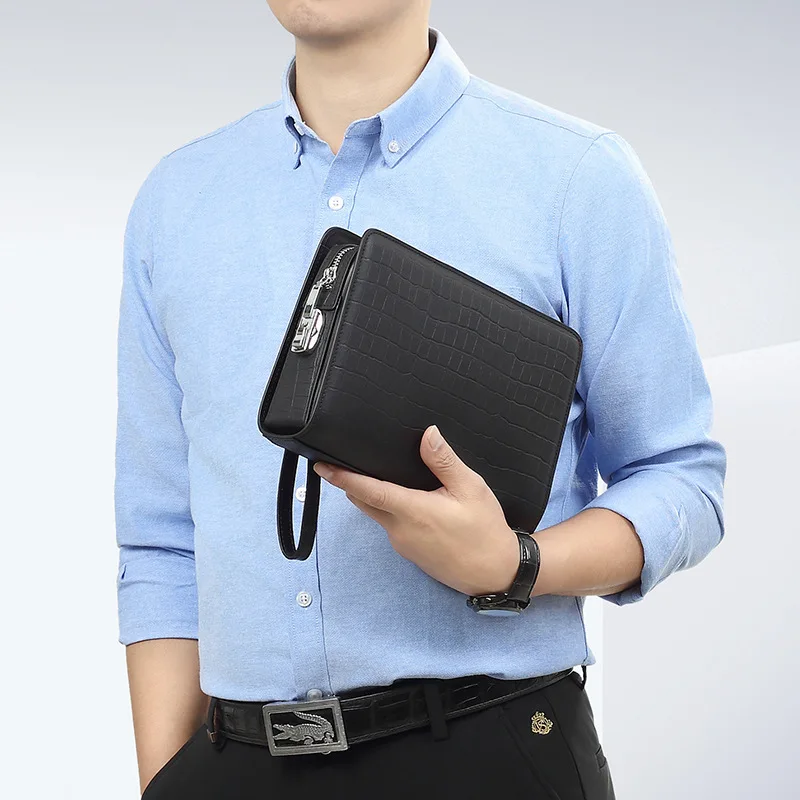 Genuine Leather Men's Clutch Bag Crocodile Pattern Combination Lock Business Handbag Large Capacity Wrist Purse for Daily Travel