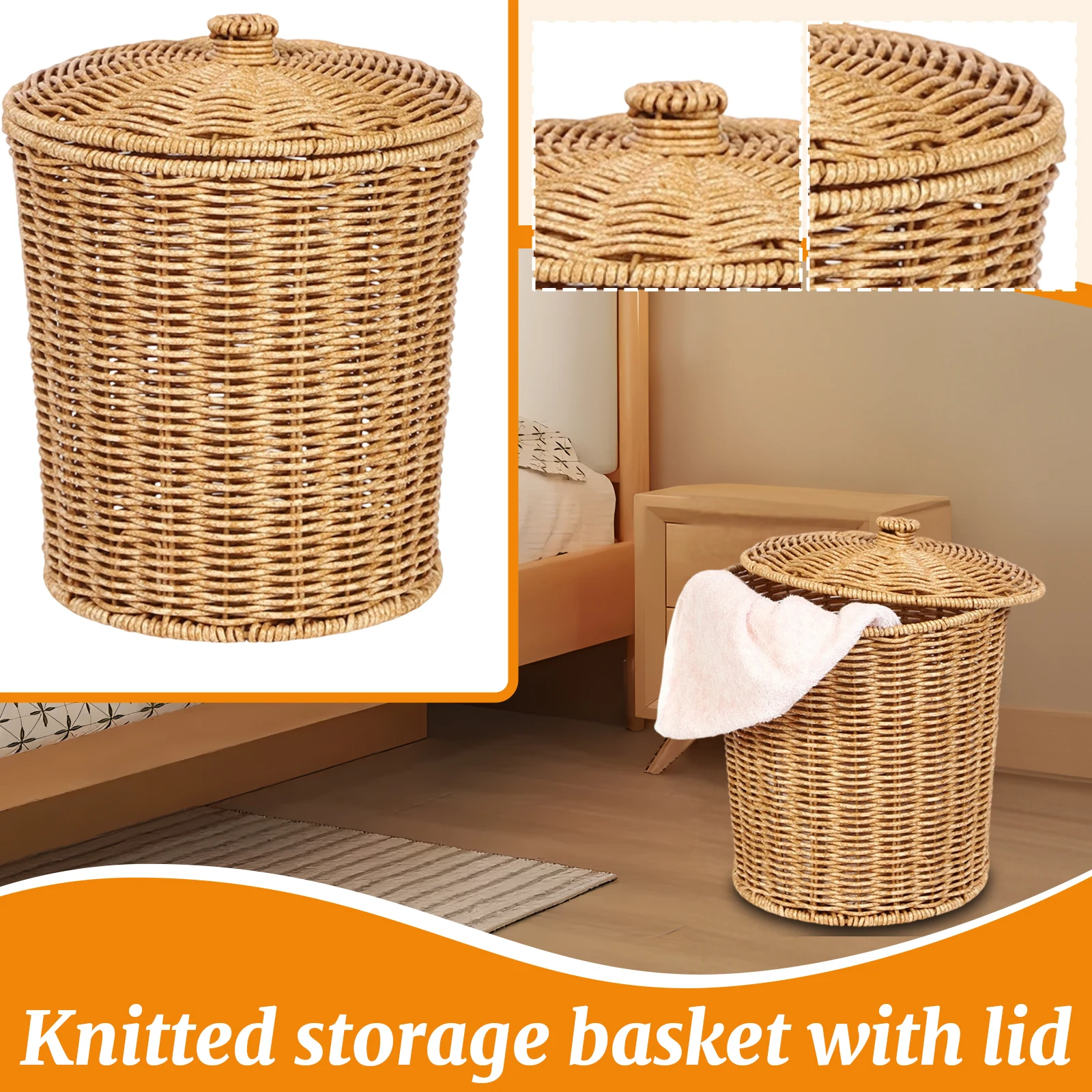 Laundry Basket Bins with Lid Large Opening Storage Basket Handwoven Storage Baskets for Bathroom Nursery Bedroom Dorm Clothes