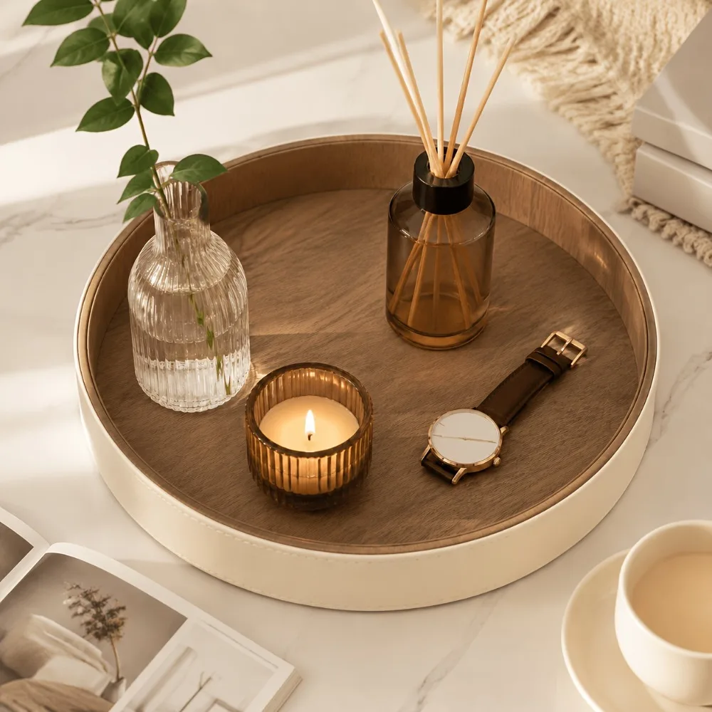 Circular Tray PU Leather Storage Disc, Warm Home Decoration Multi-purpose Storage Disc Family Storage Rack Home Organization