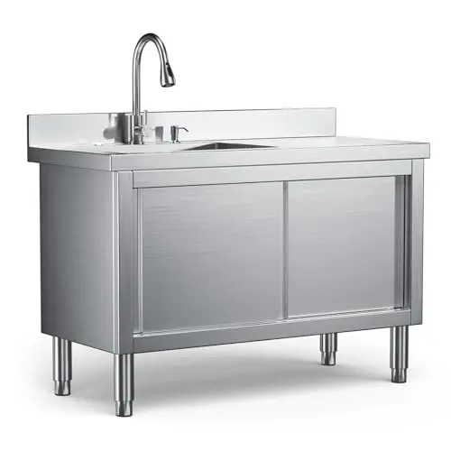 47-Inch Stainless Steel Utility Sink with Cabinet, Freestanding Laundry Sink with High-Arc Pull-Out Faucet & Drain Kit