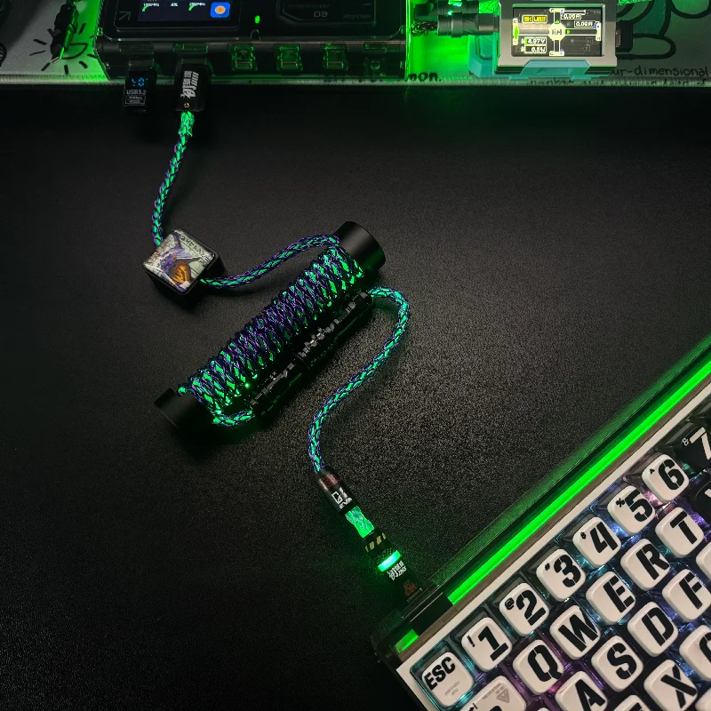 Anime EVA Unit-01 Purple Green Luminous Aviator Cable Single Crystal Copper Braided Short Data Cord 8K High Speed Cable