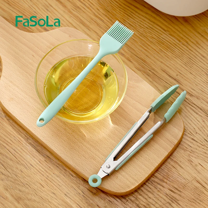 FaSoLa Barbecue Tongs with Oil Brush Food Clip Cooking Kitchen Tongs with Silicone Tips Stainless Steel Tongs Cooking Set