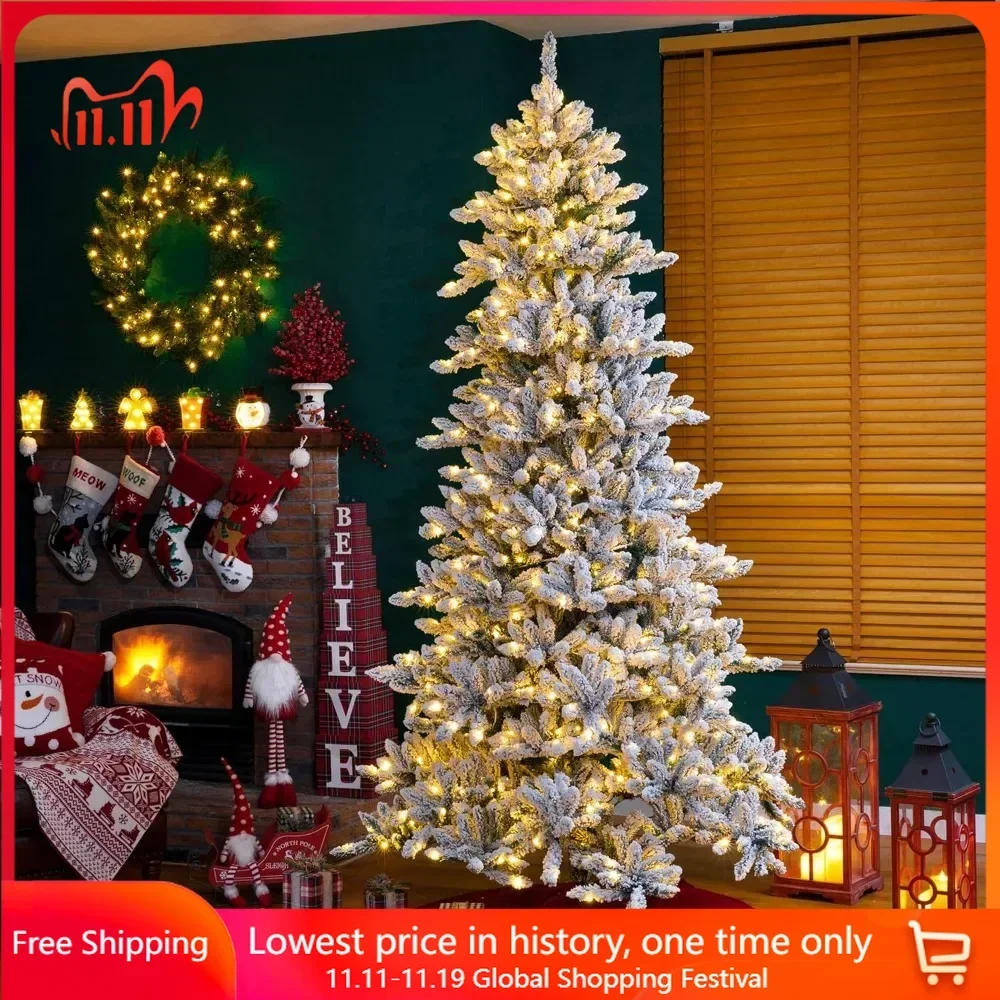 9ft Pre-Lit Snow Flocked Fir Artificial Christmas Tree, with 650 Warm White Lights,Christmas Tree