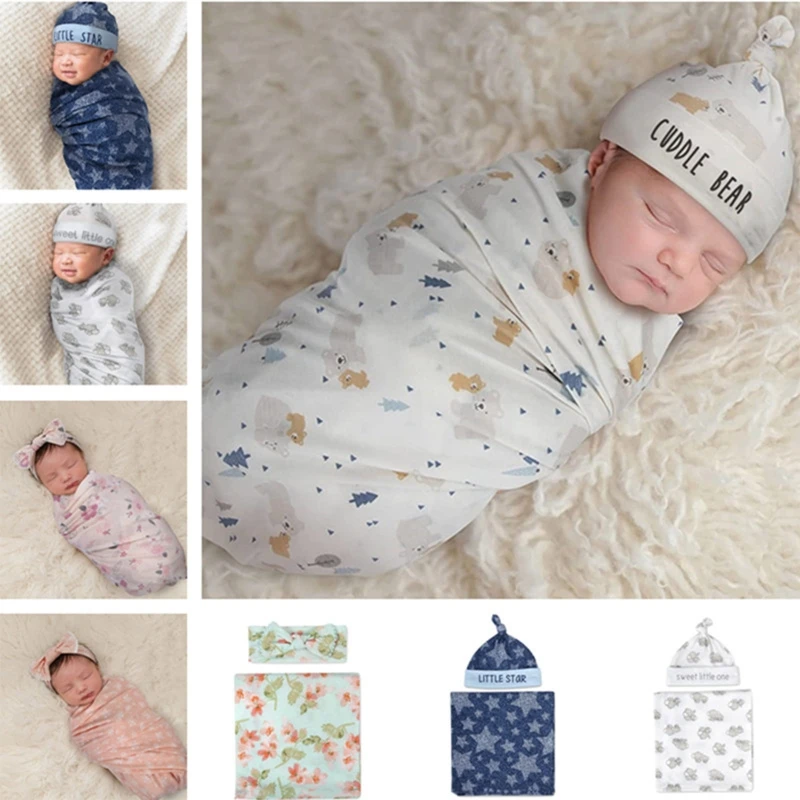 

Newborn Photography Prop Baby Blankets Printed Infant Boys Girls Sleeping Swaddle Muslin Wrap Headband Set