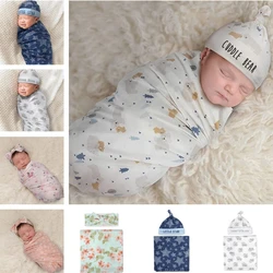 Newborn Photography Prop Baby Blankets Printed Infant Boys Girls Sleeping Swaddle Muslin Wrap Headband Set