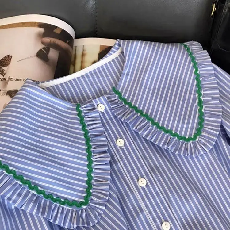 

Женская однобортная свободная блузка с длинным рукавом, шикарная, в корейском стиле, с воротником Питер Пэн, в полоску, новинка весны 2026