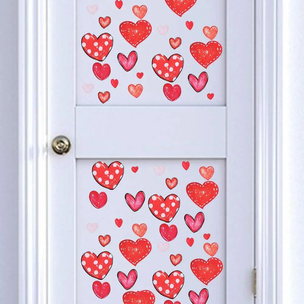 49PCS/6Sheets Heart Shaped Valentine’s Day Love Stickers Romantic Red Window Stickers PVC Wall Stickers Home Decorations