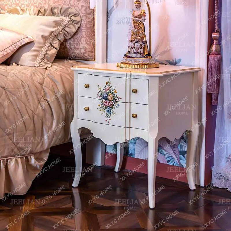 Romantic bedroom painted bedside table villa solid wood furniture hand-carved gold foil beige locker