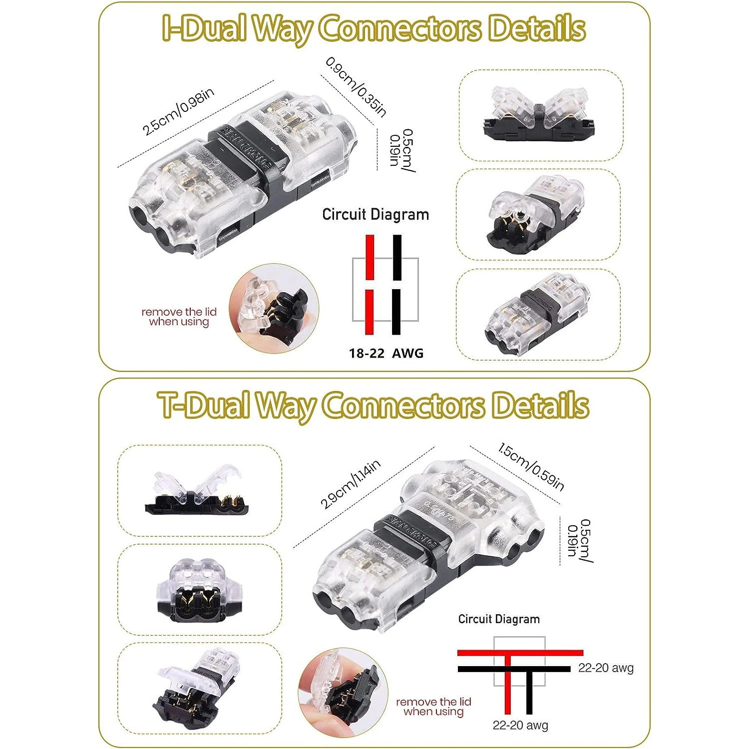 5Pack 2 Pin 3/2 Way Wire Connector, Universal Compact Wire T Tap I Type Connectors Electrical Wire Connection Self-Stripping