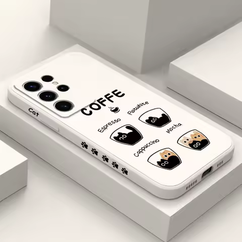 Coffee Cute Cat Phone Case For Samsung Galaxy S25 S24 S23 S22 S21 S20 S10 Ultra Plus FE Note 20 Ultra 10 9 Plus Cover