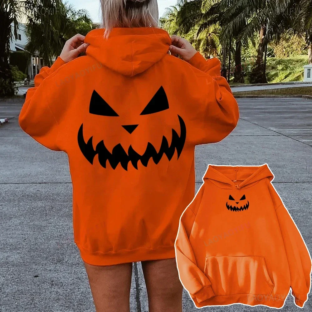 Halloween Pumpkins Orange Hoodies Casual Long Sleeves Hooded Funny Pumpkin Face Sweatshirts Halloween Couple Pullover Tops