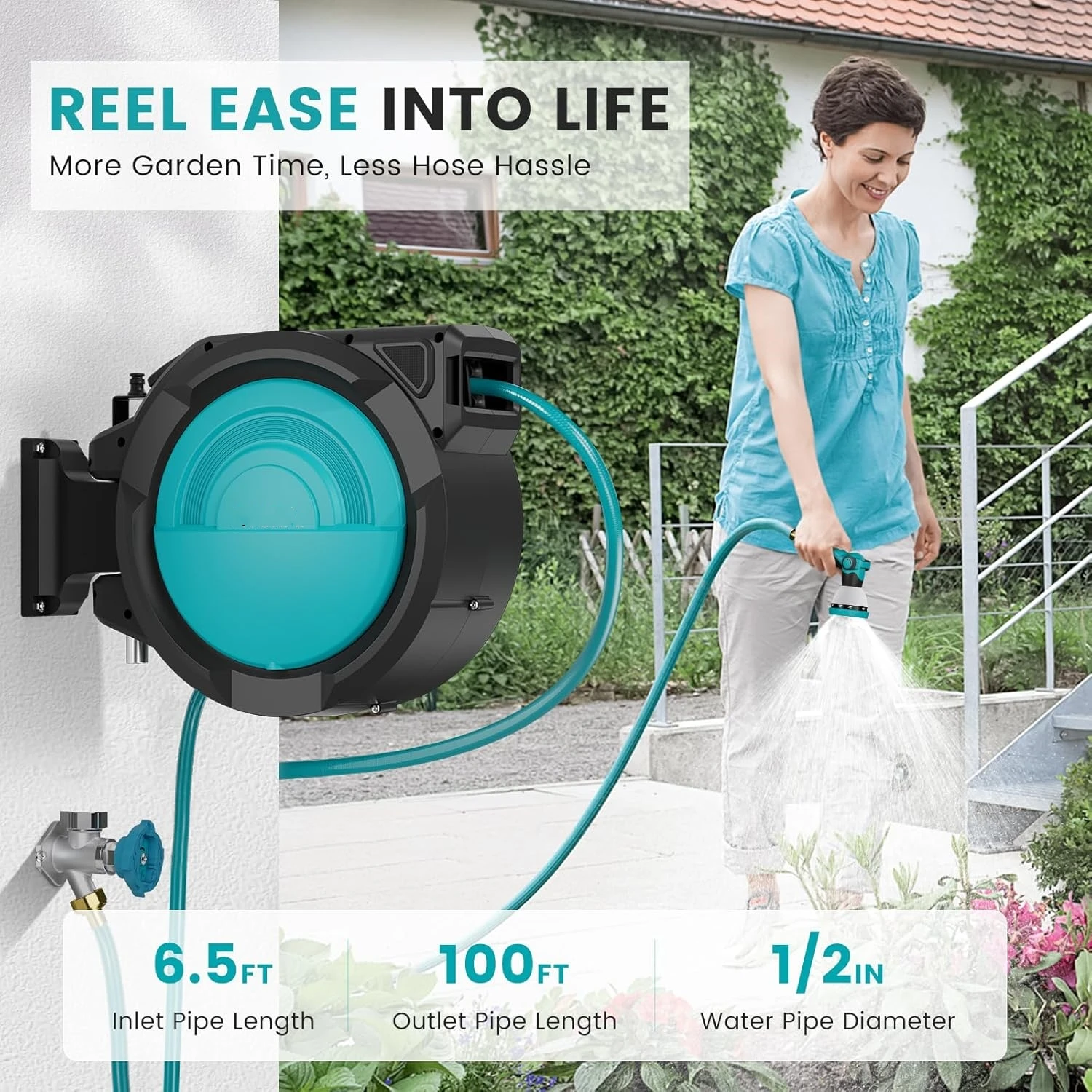 Retractable Garden Hose Reel, 1/2 Inch X 100 ft Water Hose Reel ,  Any Length Lock, Slow Auto-Rewind, 180°Swivel Bracket,