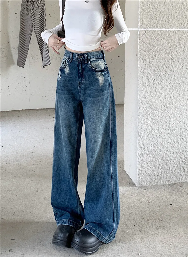 

H.sa Retro distressed wide-leg jeans pants new high-waisted loose slim and versatile trousers Spring CHic Pants