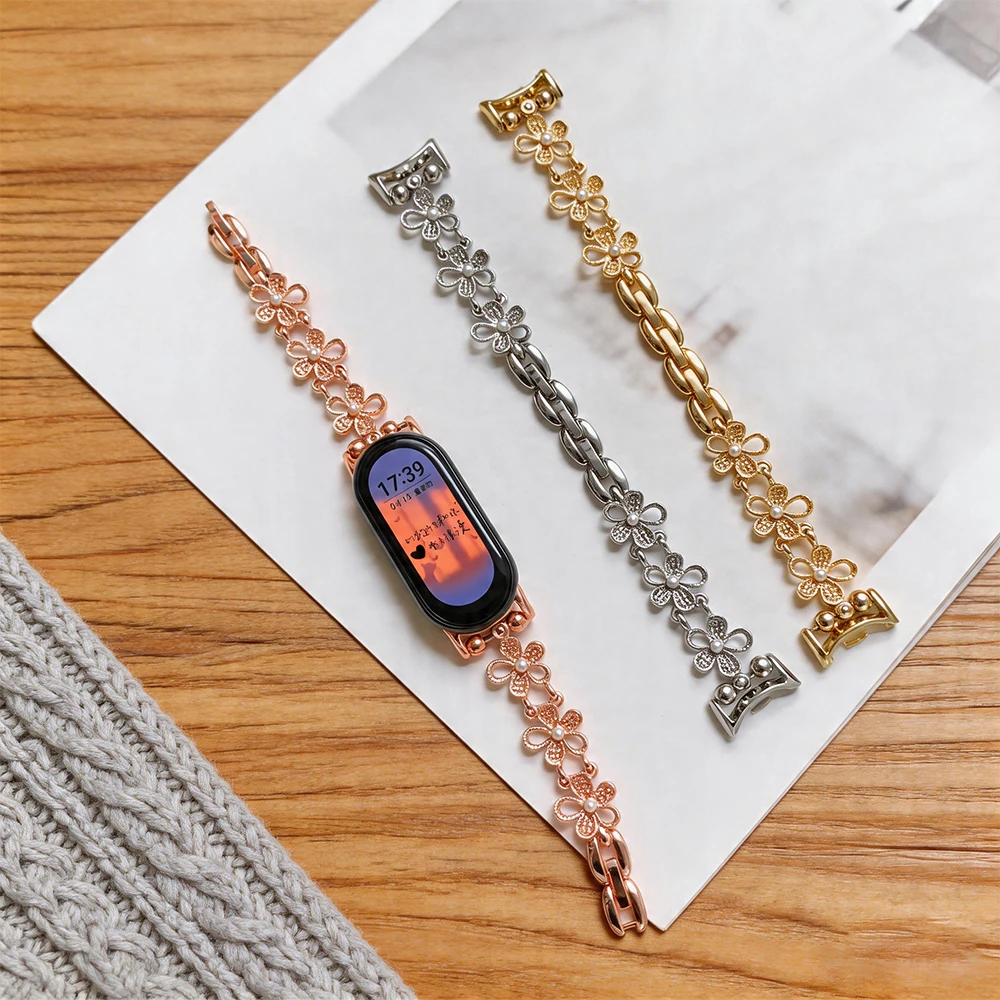 

Pearl Flower Metal Bands for Xiaomi Mi Band 10 9 8 Correa Slim Women Metal Strap Dressy Chain Bracelet for Mi Band 8 9 10