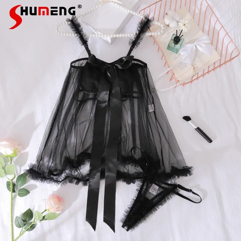 

Female Sexy Black Silk Sheer Brief Sets Lingerie Camisole Pure Desire Suits Black Tops and Briefs Outfits for Women Underwear
