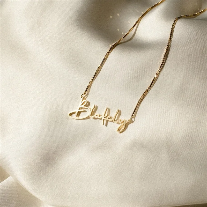 Custom Name Necklaces for Women Personalised Cursive Font Stainless steel Box Chain Gold Choker Necklace Nameplate Jewelry Gift