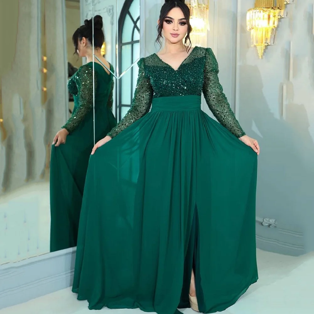 

Bafftafe A Line Green Chiffon Prom Dresses Sparkly Long Sleeves V-Neck Formal Evening Gowns Party Occasion Dress Women Outfit