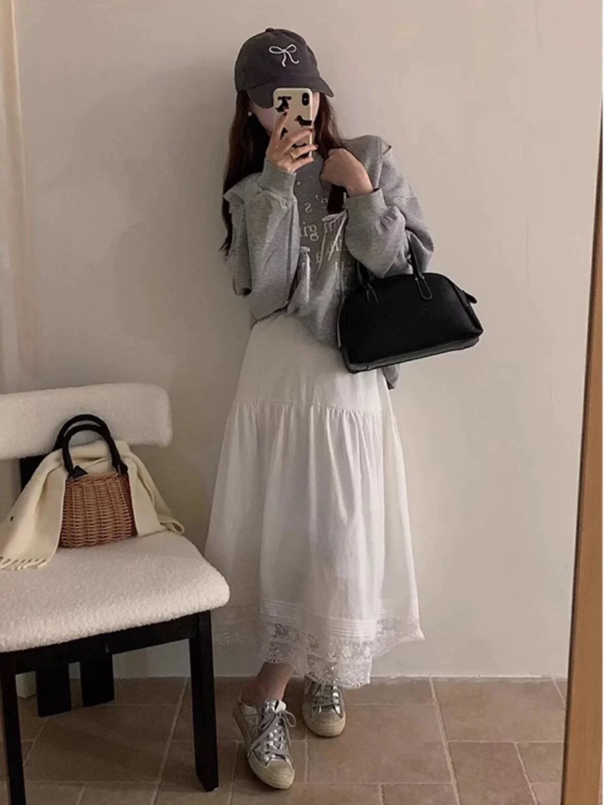 

Ele Lace A-Line Midi Skirt Women's High Waist Slim Fit Spring Faion White Splicing Embroidery f-length Skirt