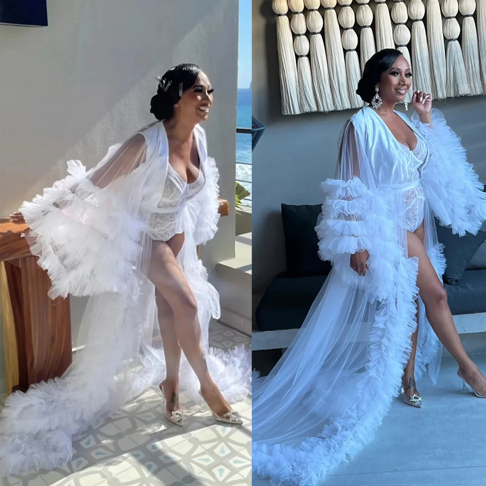 Luxury White Sheer Tulle Ruffled Bridal Robe with Layered Ruffle Trim and Floor-Length Train Women Photo Wrap Customized R26539