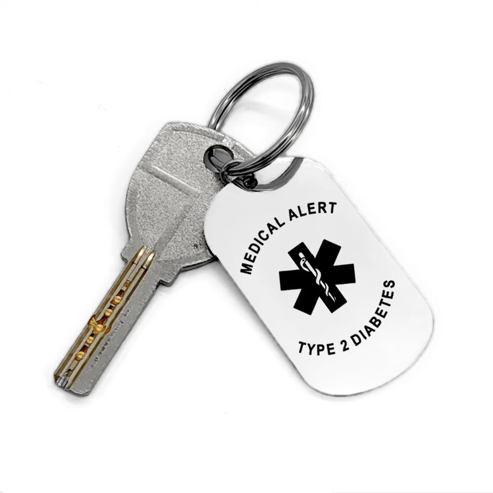 여성을위한 개인화 된 의료 경고 키 체인 남성 스테인레스 스틸 의료 ID 유형 2 당뇨병 맞춤 이름 열쇠 고리 환자 선물