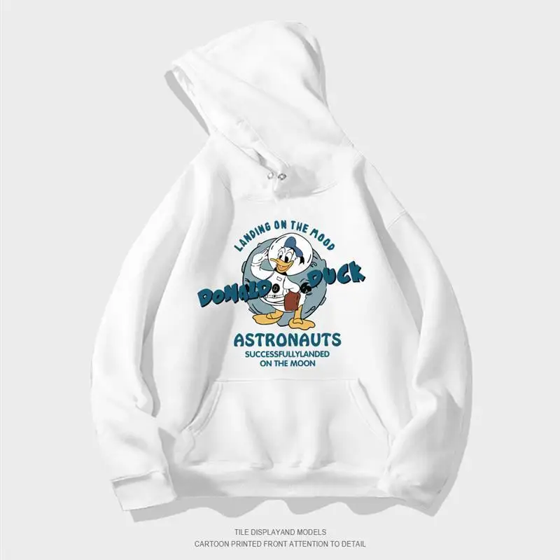 Sudadera con capucha roja del Pato Donald para hombre y mujer, sudadera de algodón de invierno 2025, traje de astronauta, casco azul, texto de aterrizaje en la Luna, taza de sujeción ondulada