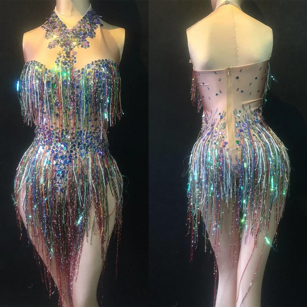 

Sleeveless Colorful Tassel Women Bodysuits Shining Rhinestone Dance Costume Celebrate Party Wear Outfit