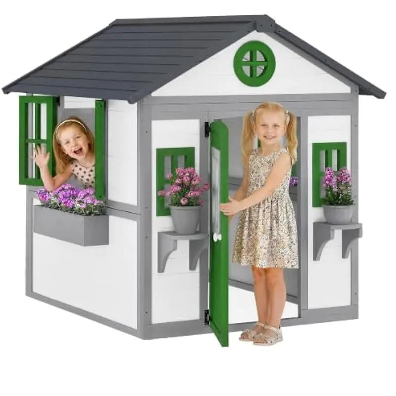 Outdoor wooden play cottage for children aged 3 to 8 featuring Dutch-style front door openable side windows retro-style shutters