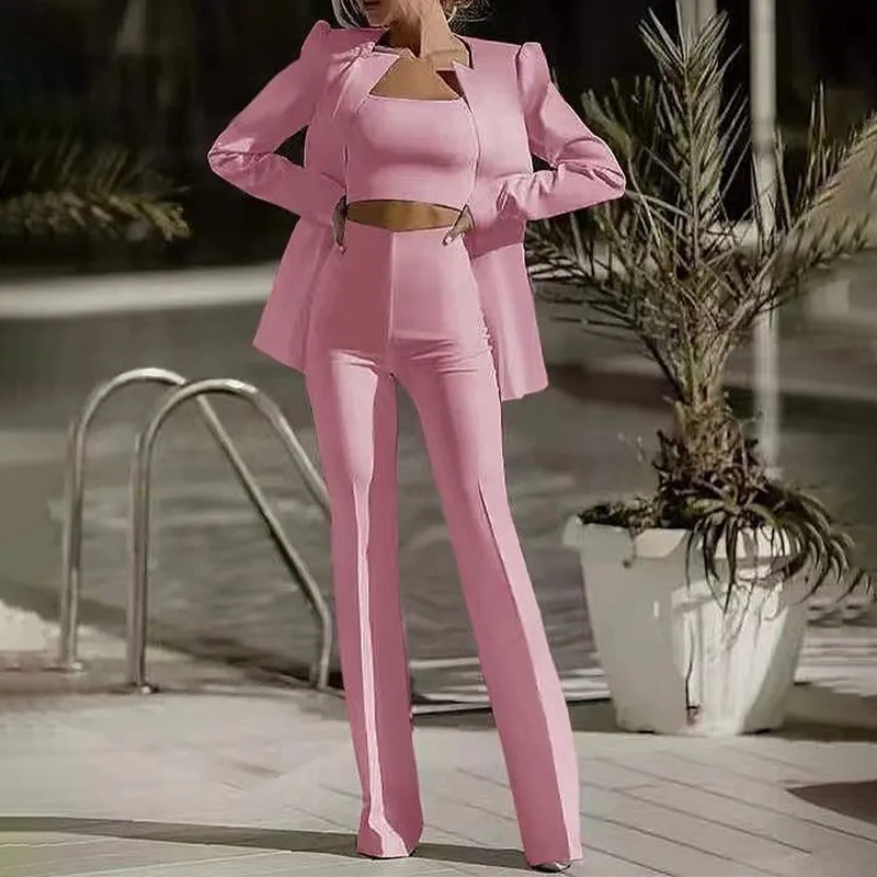 Three Piece Sets Women Full Sleeve Coats Blazer Strapless Long Pants Suits Solid High Waist Trousers Elegant Office Lady