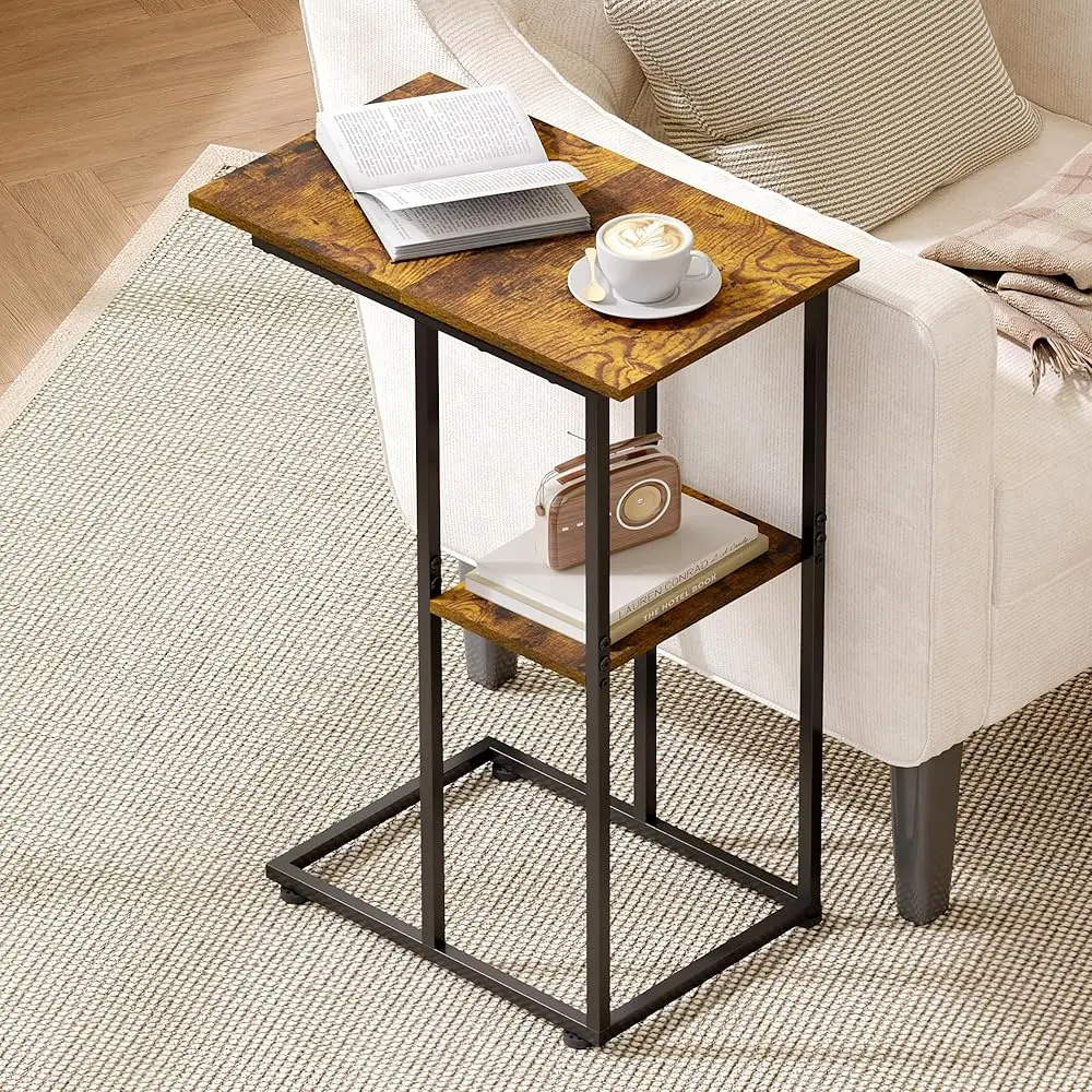 

C Shaped End Table For Couch, Side Table With Storage Shelf, Bedside Table With Adjustable Feet For Carpets, End Tables